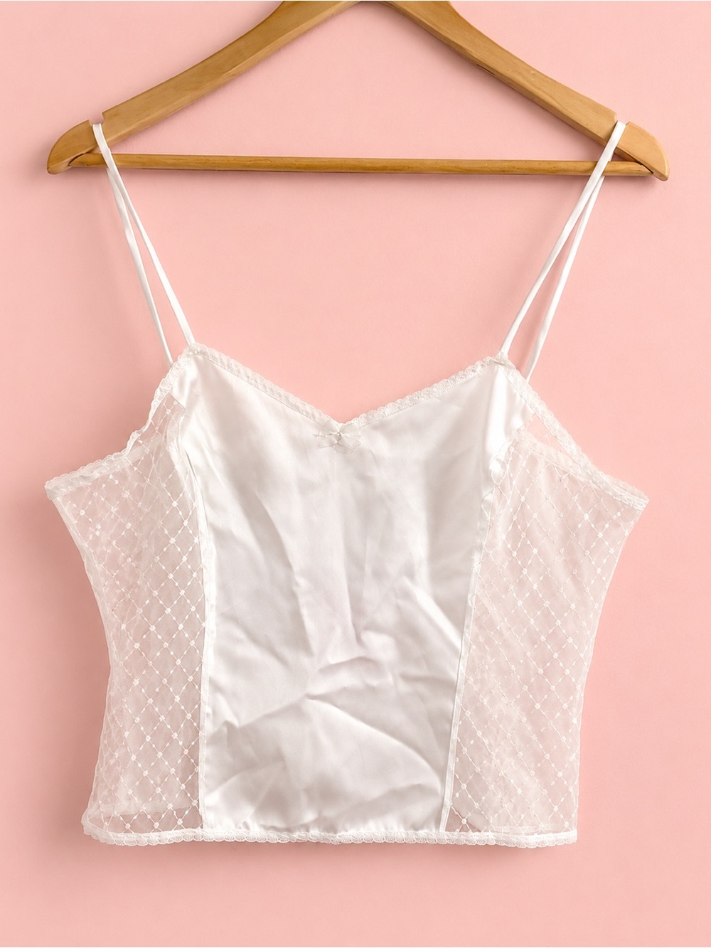 Women's VTG White Lace-Panel Satin Chemise Top
